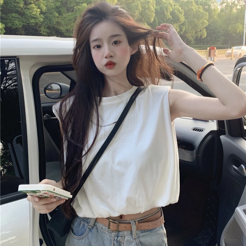 短款收腰无袖T恤女夏季2024新款宽松显瘦百搭休闲外穿上衣体恤潮