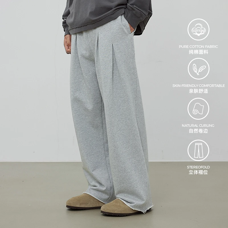 WHIMNOTION 24AW 对褶卷边破坏宽松直筒卫裤百搭休闲纯棉灰色卫裤