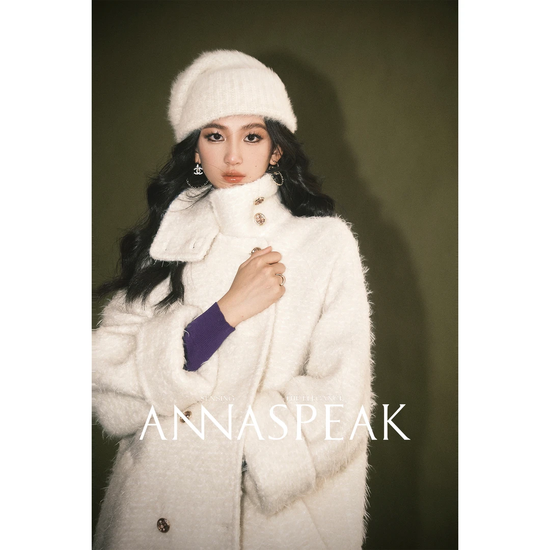 ANNASPEAK雾感睫毛纱羊毛混纺复古双开领大衣AS冬季新款高级外套
