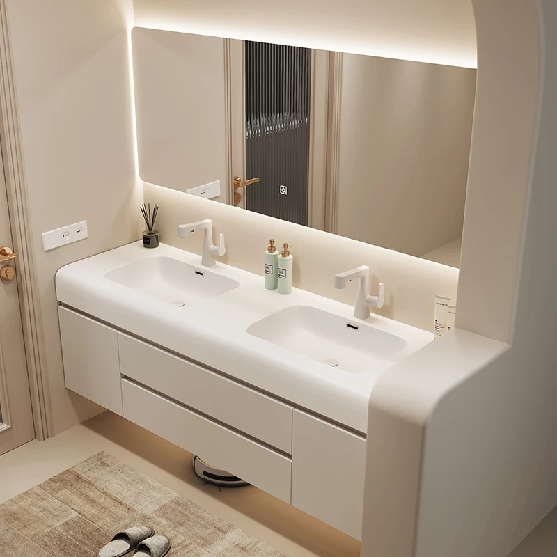 奥沁瑞奶油风实木可丽耐一体盆浴室柜组合卫生间洗脸洗漱台套装