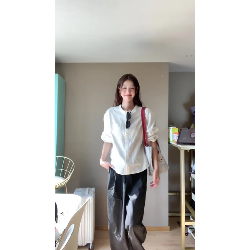 2024新款女士早秋季法式气质小众设计感宽松百搭衬衫高腰阔腿裤
