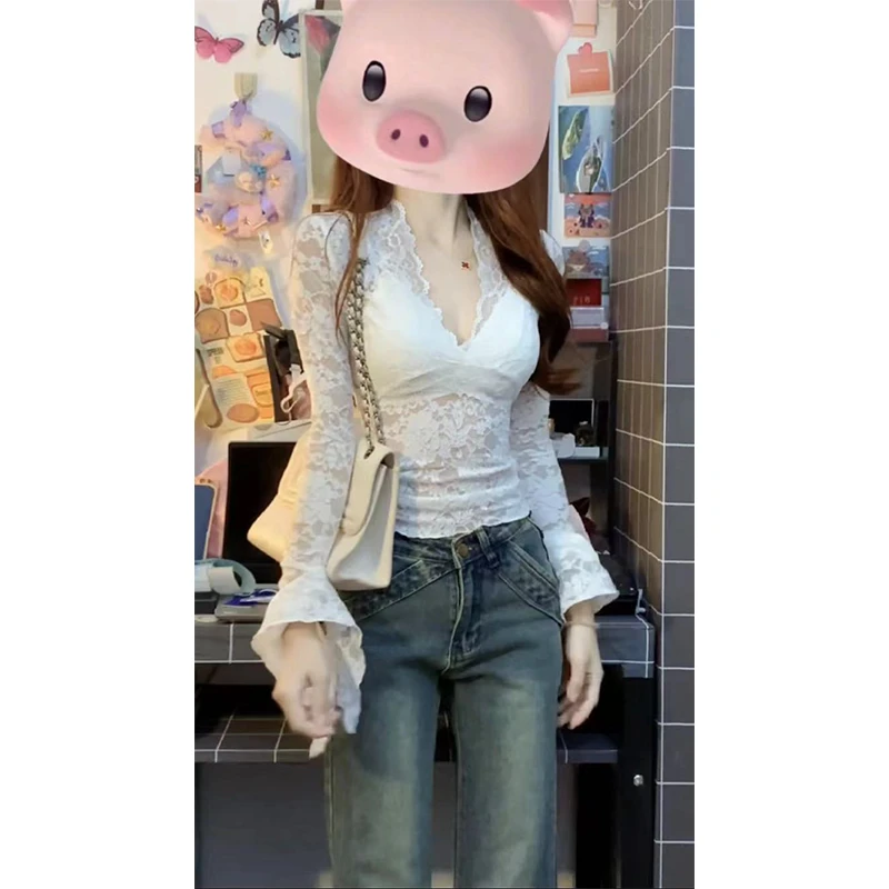 2024秋季新款女士气质纯欲V领蕾丝修身长袖上衣高腰休闲直筒长裤