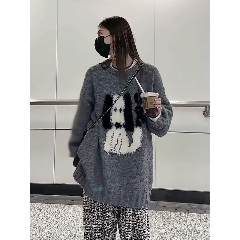 2024秋季新款圆领长袖毛绒小狗慵懒风套头小众显瘦毛衣直筒休闲裤