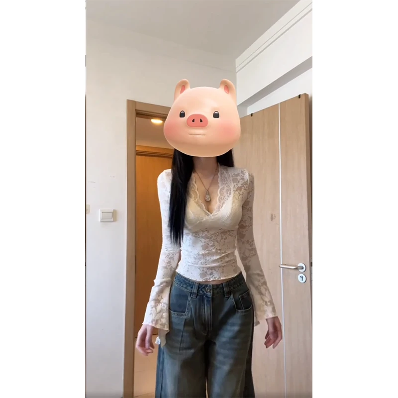 纯欲穿搭女士秋季V领蕾丝长袖显瘦百搭小众性感上衣直筒休闲裤