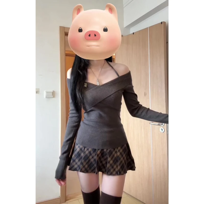 不规则交叉露肩针织衫短款打底毛衣格子半身裙包臀a字短裙百褶裙