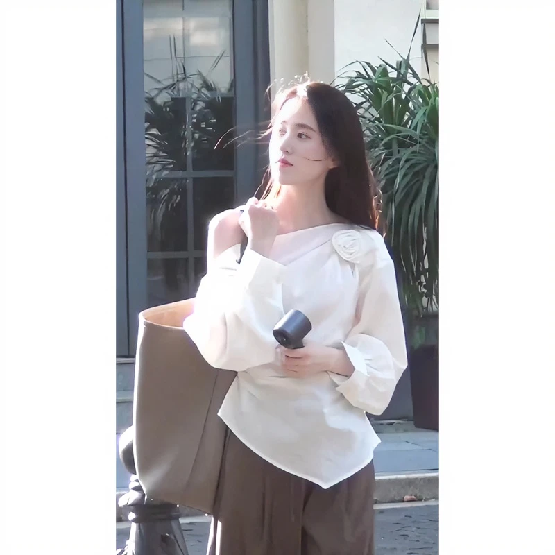 2024新款女士早秋季韩版设计感斜露肩不规则衬衫上衣高腰休闲裤