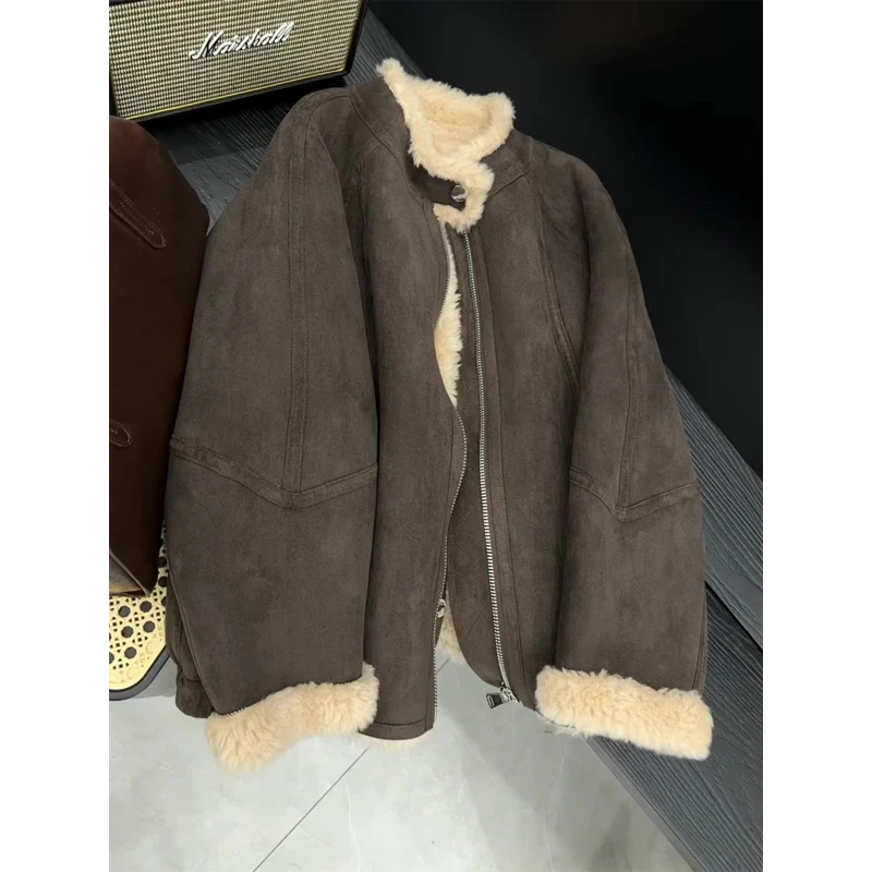 秋冬季新款超好看酷飒拽姐美拉德深色毛毛外套韩系慵懒风小众加厚