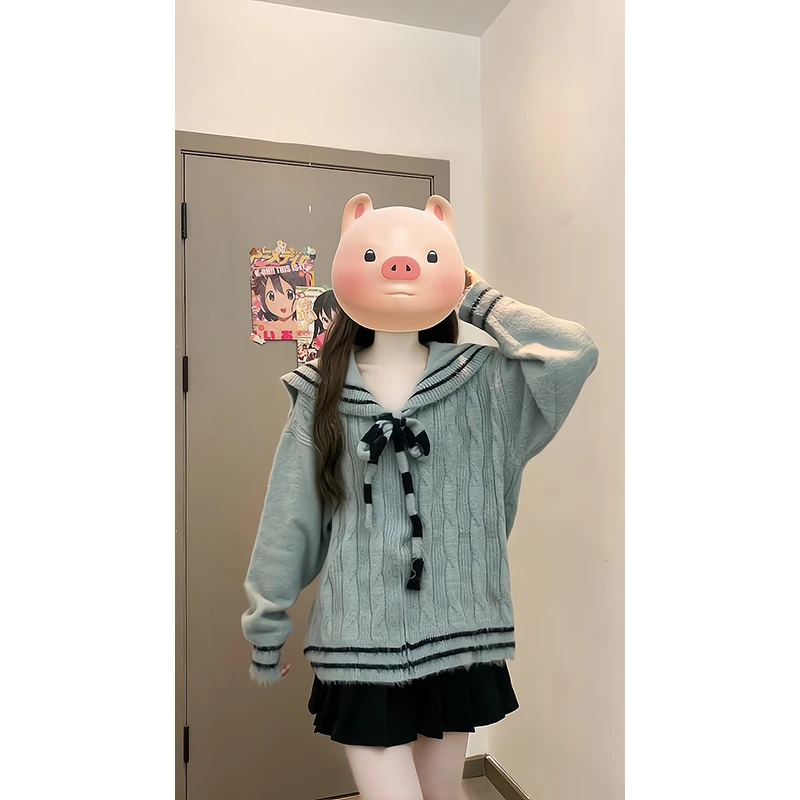 2024新款女士秋冬季复古慵懒风海军领针织开衫外套高腰显瘦半身裙