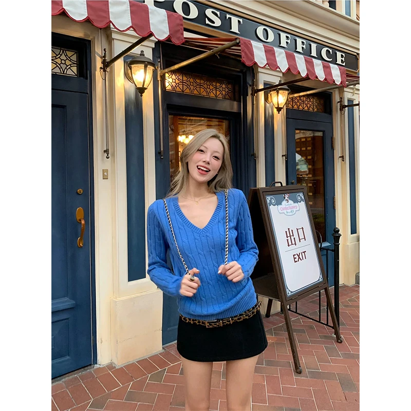 秋冬季新款蓝色V领麻花毛衣长袖针织衫上衣半身裙短裙A字包臀裙子