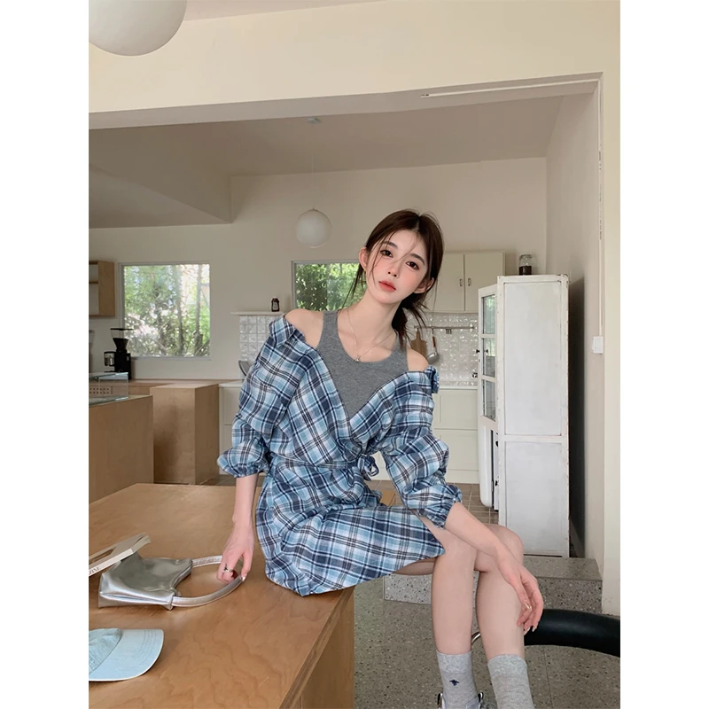 2025新款女士早秋季时尚气质小众设计感假两件拼接衬衫连衣裙