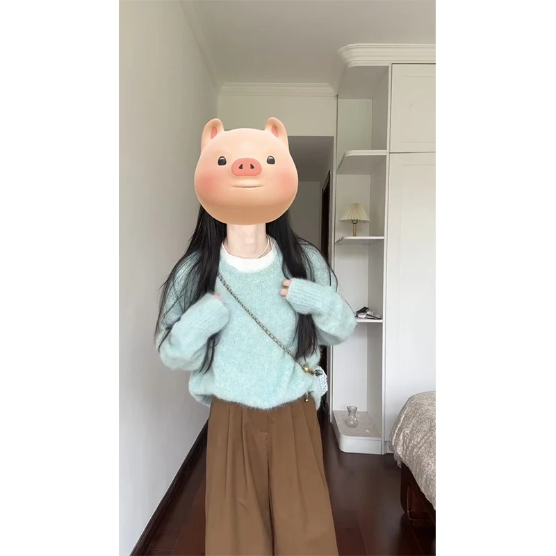 2024秋季新款女士韩版气质宽松百搭针织长袖上衣高腰休闲阔腿裤