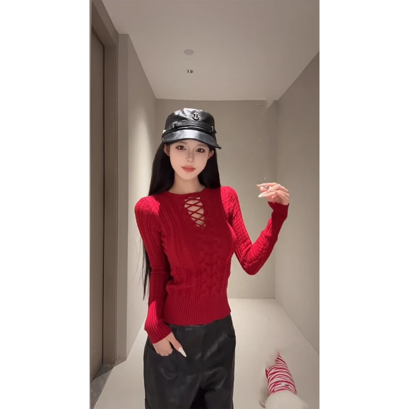 秋冬收腰显瘦打底毛衣内搭针织衫上衣黑色皮裤直筒长裤宽松阔腿裤