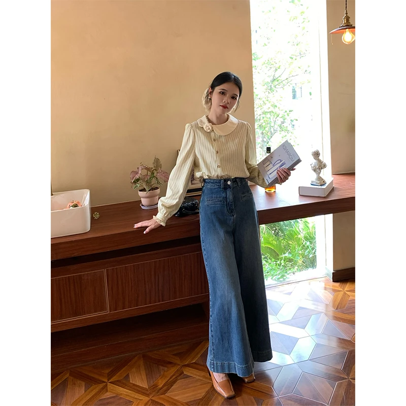 2024秋季新款女士法式气质温柔风条纹长袖衬衫高腰宽松阔腿牛仔裤