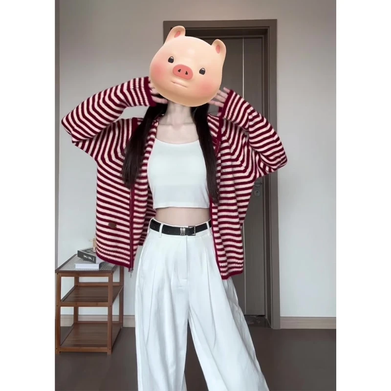 条纹连帽拉链毛衣外套长袖上衣针织开衫阔腿裤宽松垂感百搭直筒裤