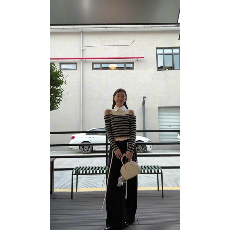 2024新款女士秋季修身显瘦假两件一字肩衬衫上衣高腰宽松阔腿裤