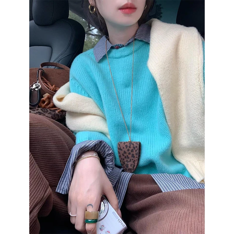 秋冬圆领针织衫上衣套头打底衫叠穿毛衣美拉德裤子阔腿裤灯芯绒裤