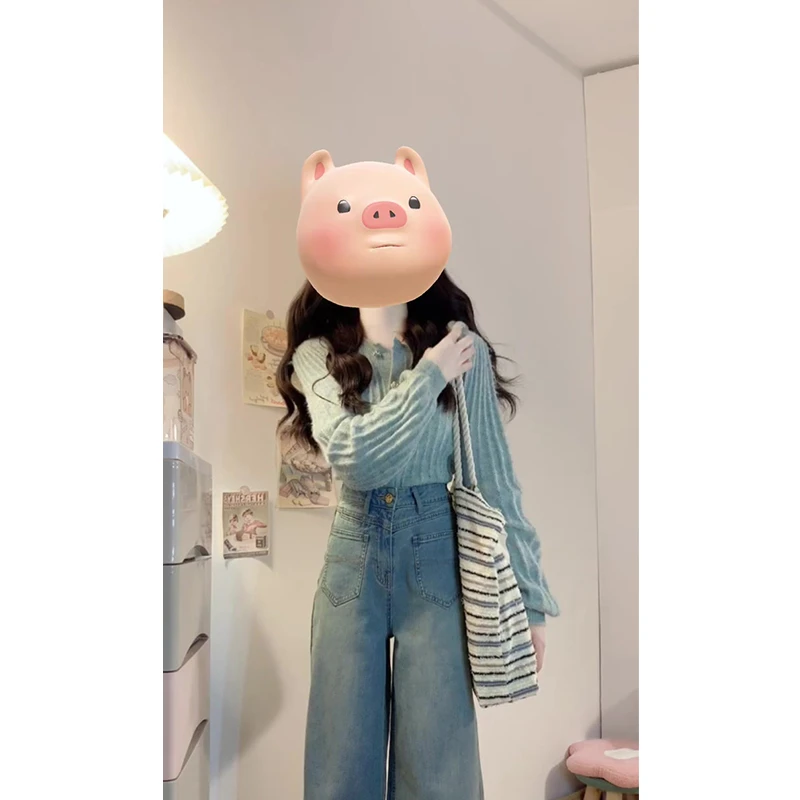 2024新款女士秋季时尚穿搭温柔风长袖针织开衫上衣高腰宽松阔腿裤