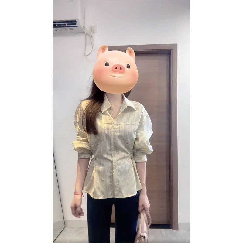 时尚穿搭女秋季翻领排扣长袖宽松显瘦百搭小众条纹衬衫直筒休闲裤