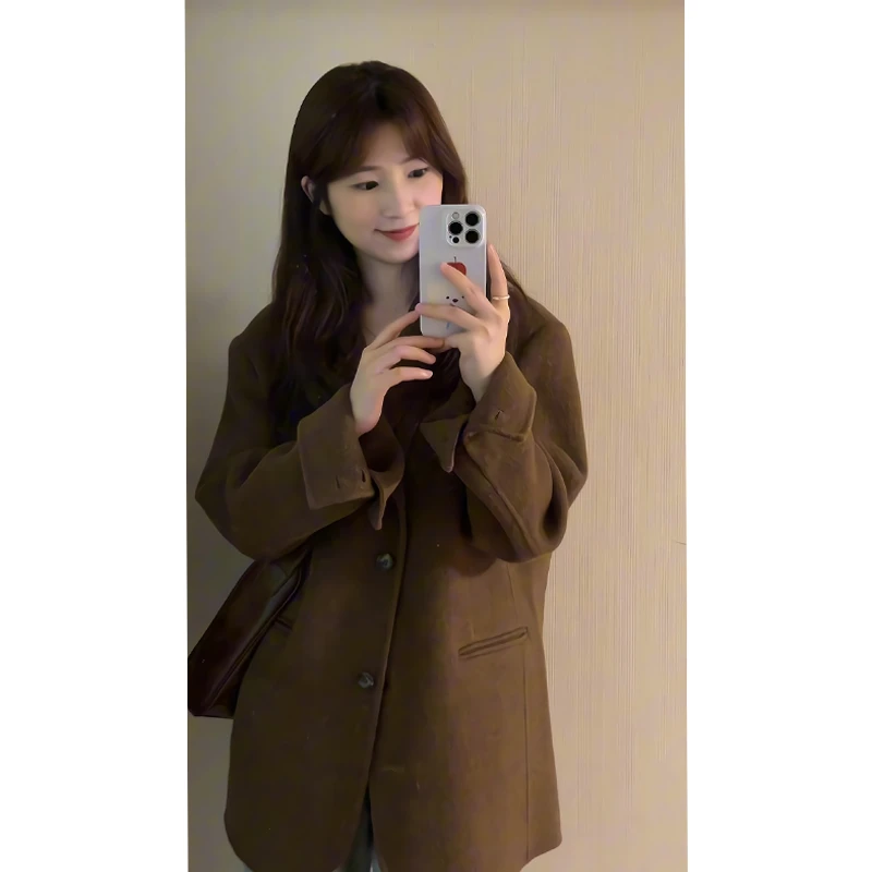 美拉德西装外套英伦复古西服浅蓝色做旧直筒牛仔裤垂感阔腿长裤女