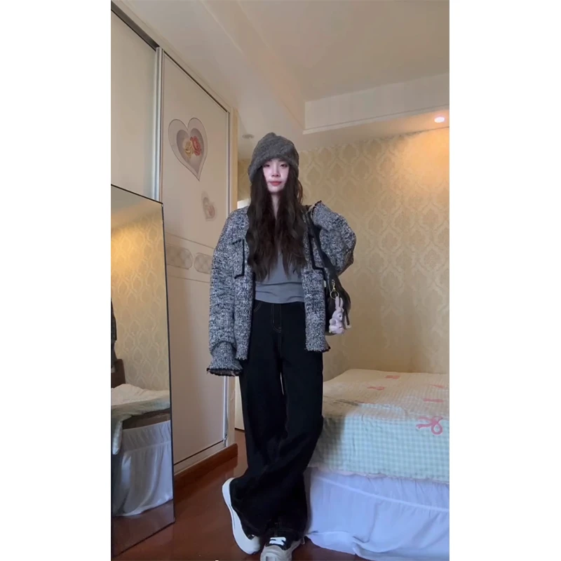 2024秋季小香风排扣长袖宽松显瘦百搭小众韩版气质外套直筒阔腿裤