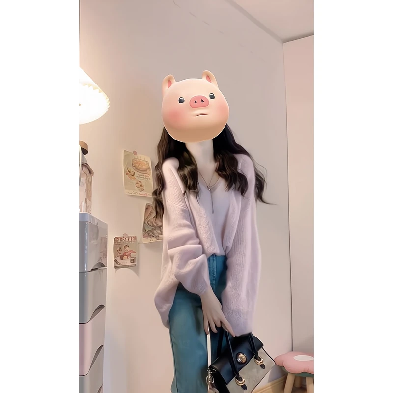 氛围感宽松软糯针织毛衣甜美百搭显瘦休闲粉色上衣微喇叭牛仔裤女