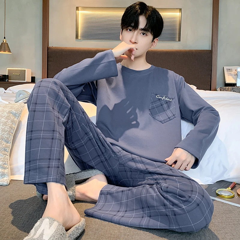 浪莎男生长裤纯棉圆领家居服春秋青少年透气