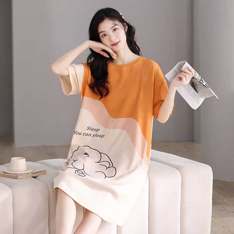 芬腾可安青年中长款裙子睡裙女士夏季纯棉短袖薄款卡通家居服睡衣