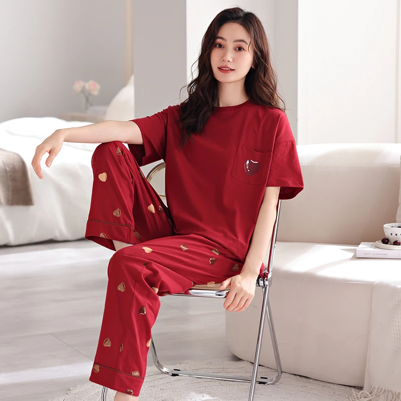 芬腾可安2024夏季新款女士红色喜庆纯棉圆领短袖长裤大码家居服套
