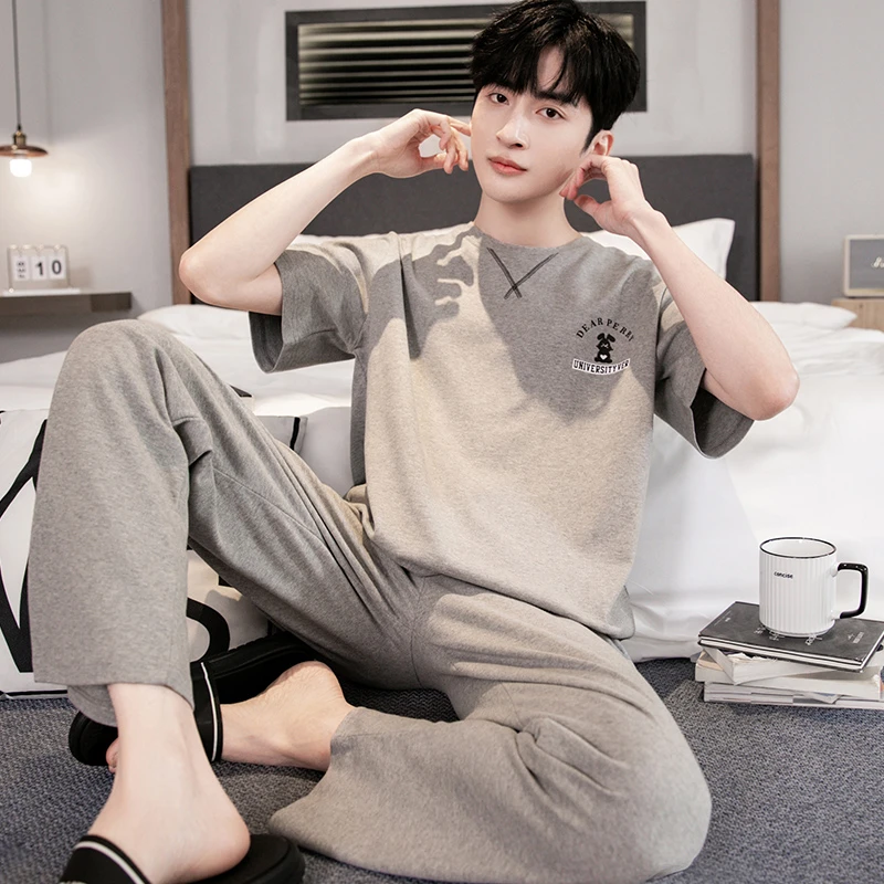 芬腾可安纯棉睡衣男款夏季新款短袖长裤男士薄款家居服套装可外穿
