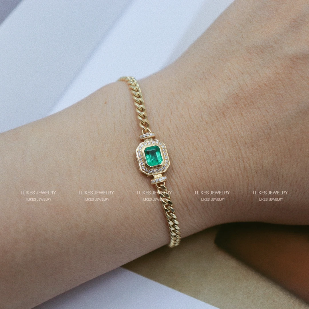 【念慈高定】18k黄金天然祖母绿古巴手链群镶真钻绿宝石