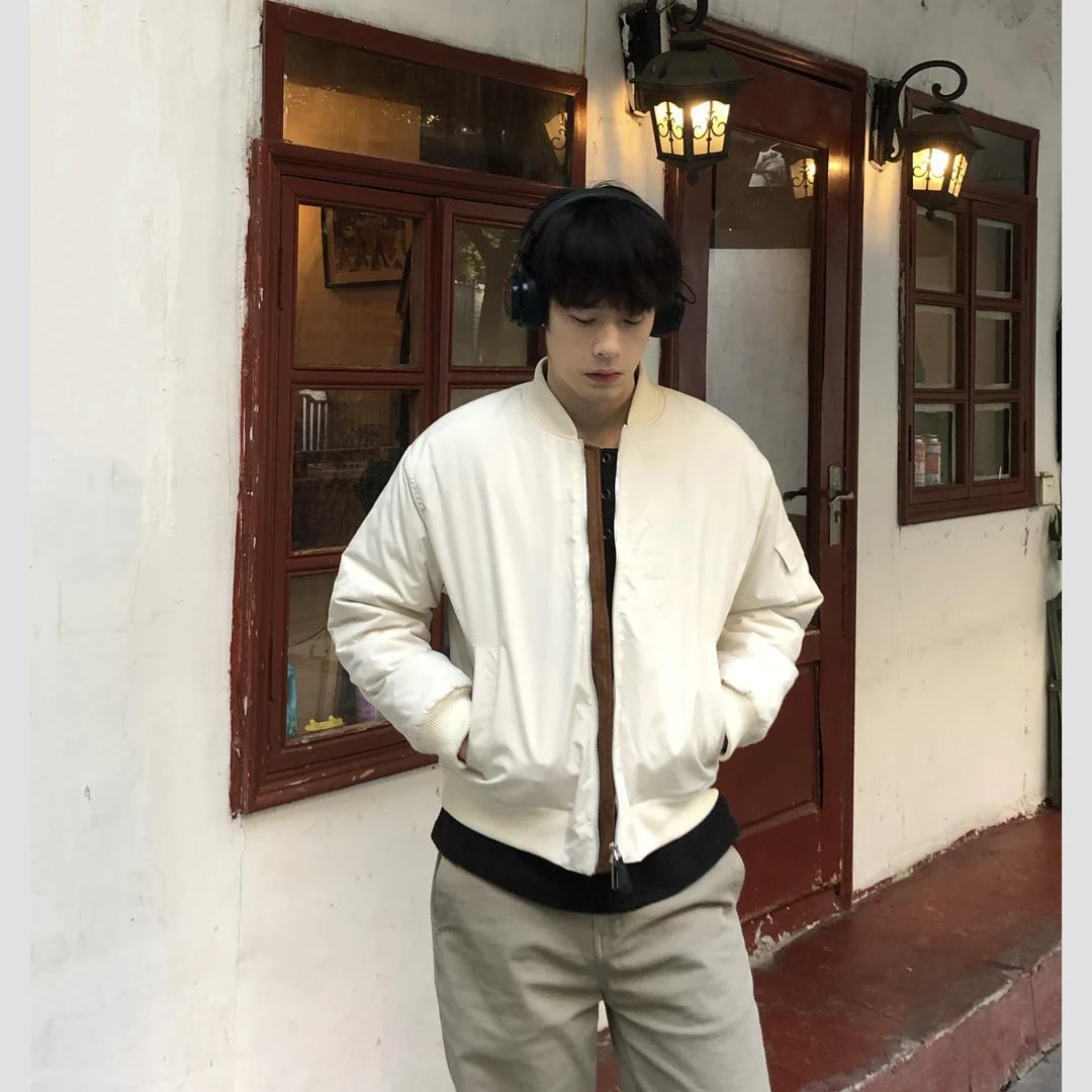 春秋bomber"LP"立领棉服纯色基础外套飞行员夹克男复古老钱风外套