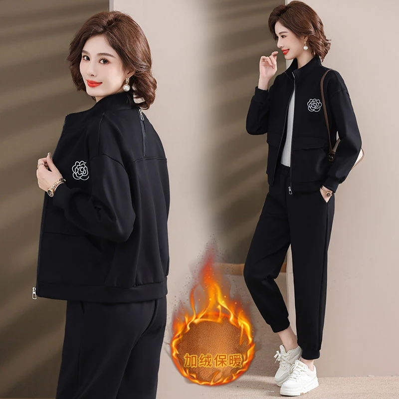 中年妈妈装冬装套装加绒加厚新款母亲洋气衣服中老年外套女装冬季