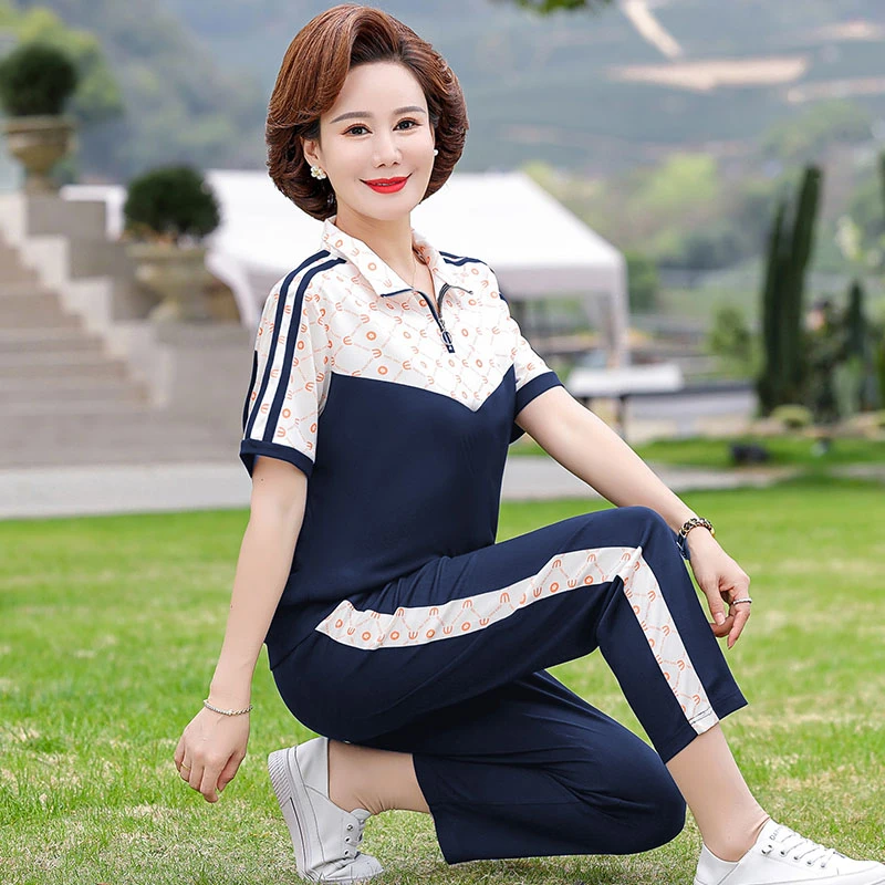 母亲衣服装高档夏季套装中年妈妈装夏装洋气中老年女装运动服套装