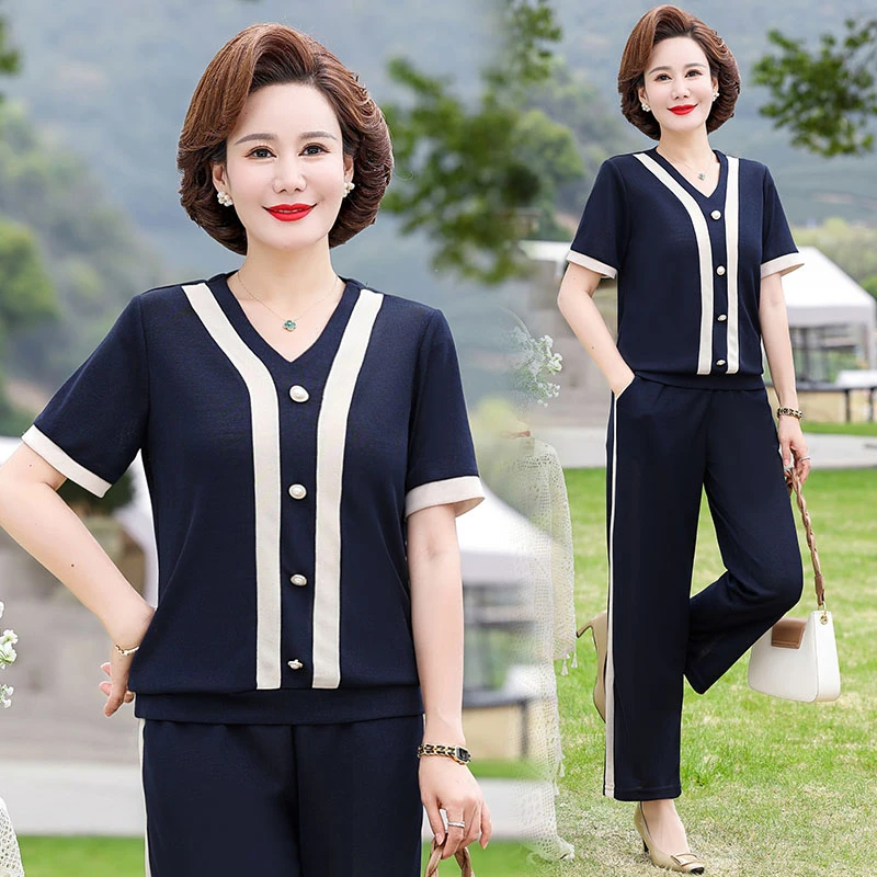 中年妈妈夏装休闲套装2023新款洋气短袖T恤中老年女运动服两件套