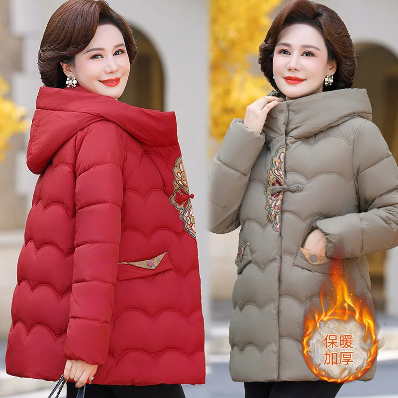 妈妈装棉服中长款新款中老年人冬装棉衣外套中年女装加绒加厚棉袄