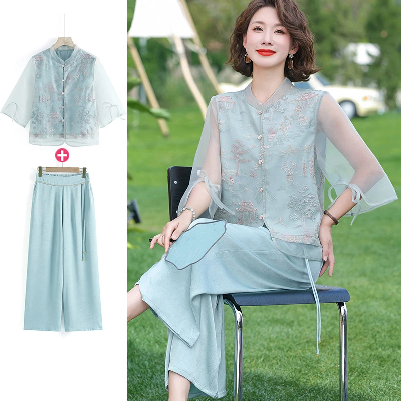 2024新中式妈妈装夏装套装纱袖时尚国风中老年女装洋气时髦两件套