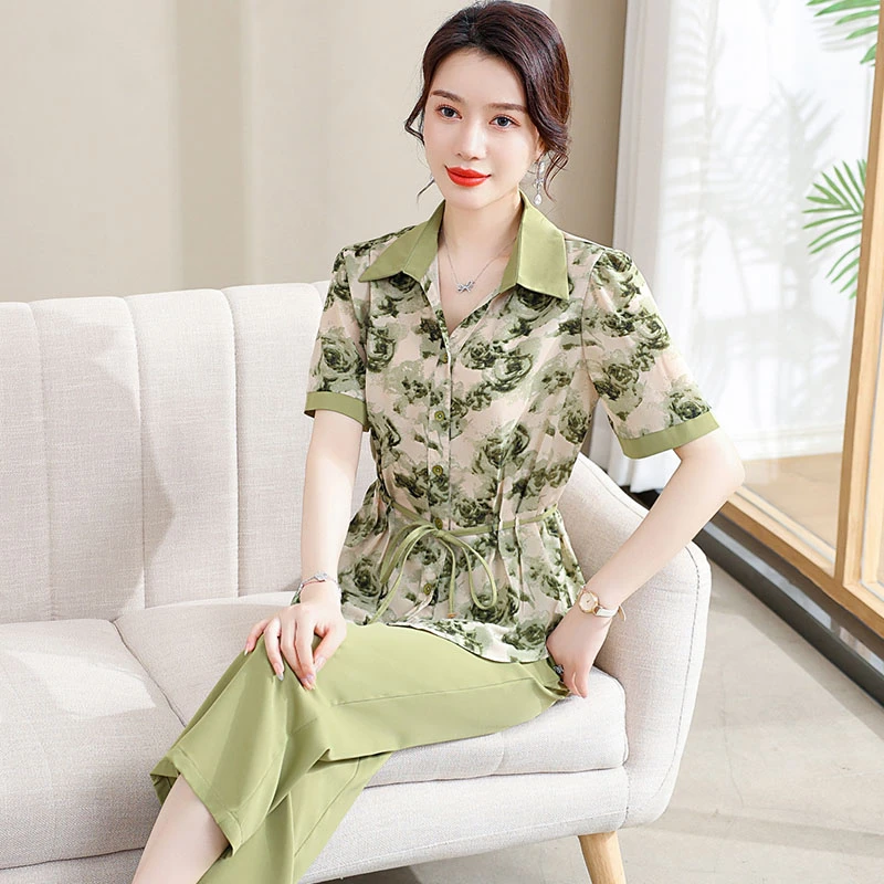 妈妈夏装洋气套装2023新款中年人气质衬衫中老年女上衣时尚两件套