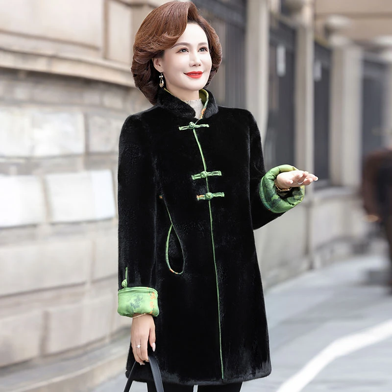中年妈妈装大码秋冬装仿貂绒中国风外套女装中长款气质大衣中老年