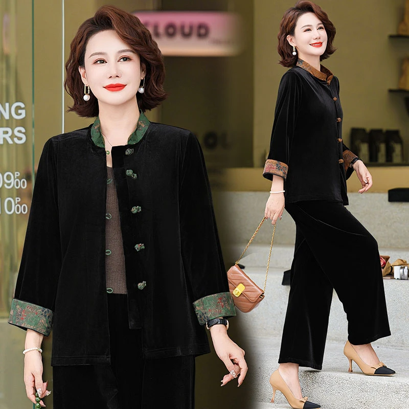 妈妈装秋装金丝绒套装女装中国风50岁60高档中老年秋季洋气装外套