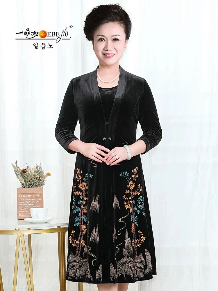 一品奴新款刺绣长款优雅气质披风外套妈妈装