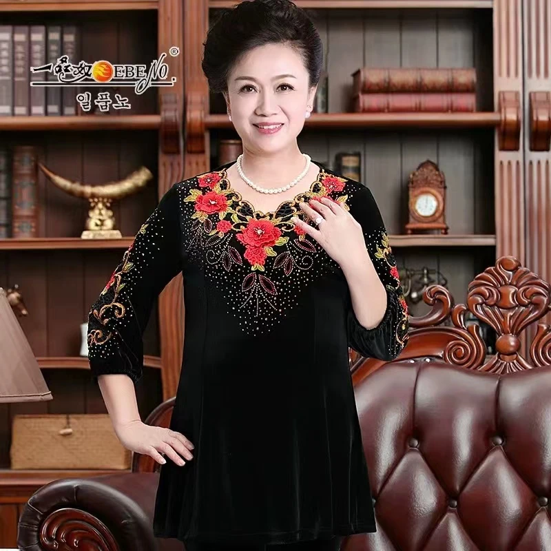 一品奴新款刺绣丝绒中长款小衫重工妈妈装