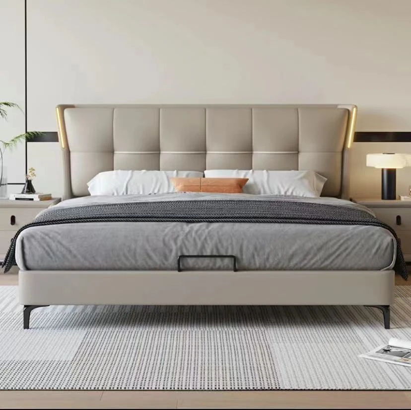 真皮头层牛皮真皮现代极简简约高端主卧室大气双人床软包轻奢主卧