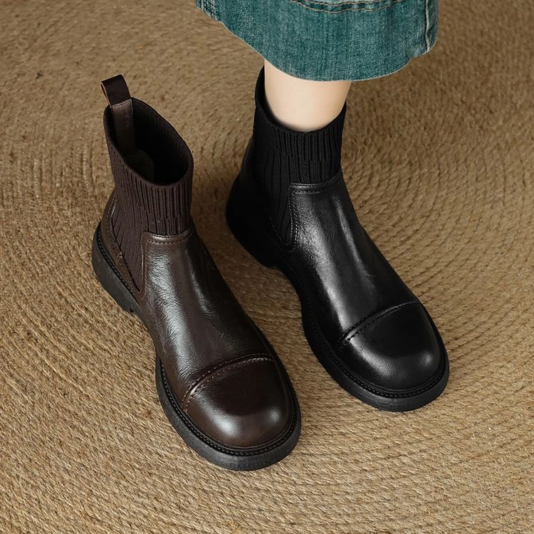 英伦风针织拼接复古短筒靴圆头厚底增高马丁靴弹力袜靴百搭瘦瘦靴