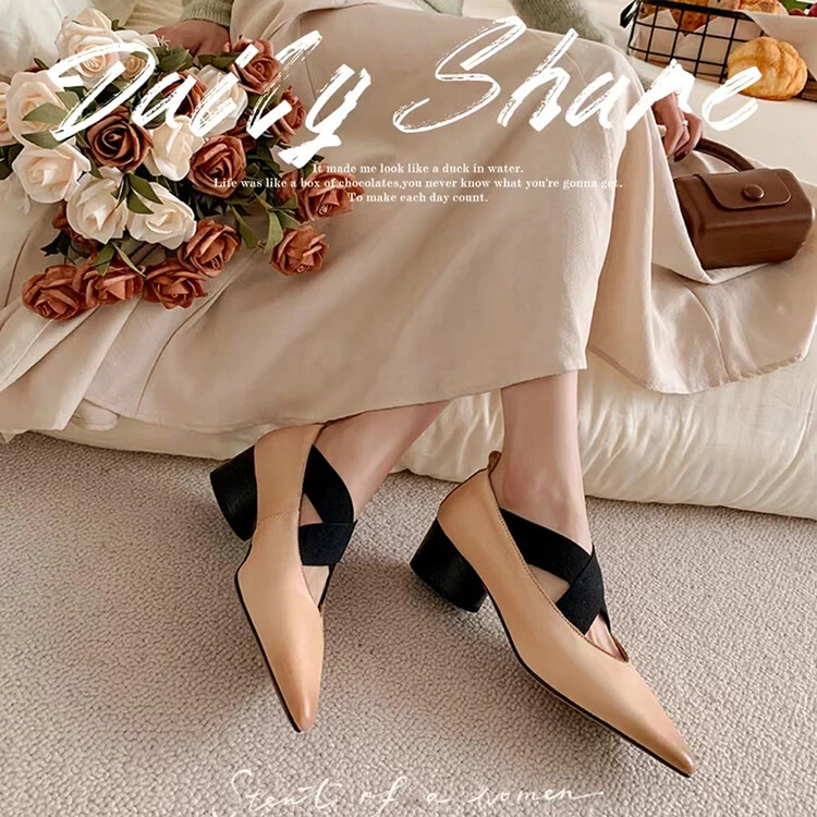 小众手工舒适头层牛皮复古交叉绑带平底中跟尖头芭蕾舞鞋浅口单鞋