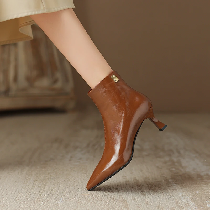 法式气质高跟短靴女真皮细跟尖头棕色裸靴中跟复古瘦瘦靴大尺码41
