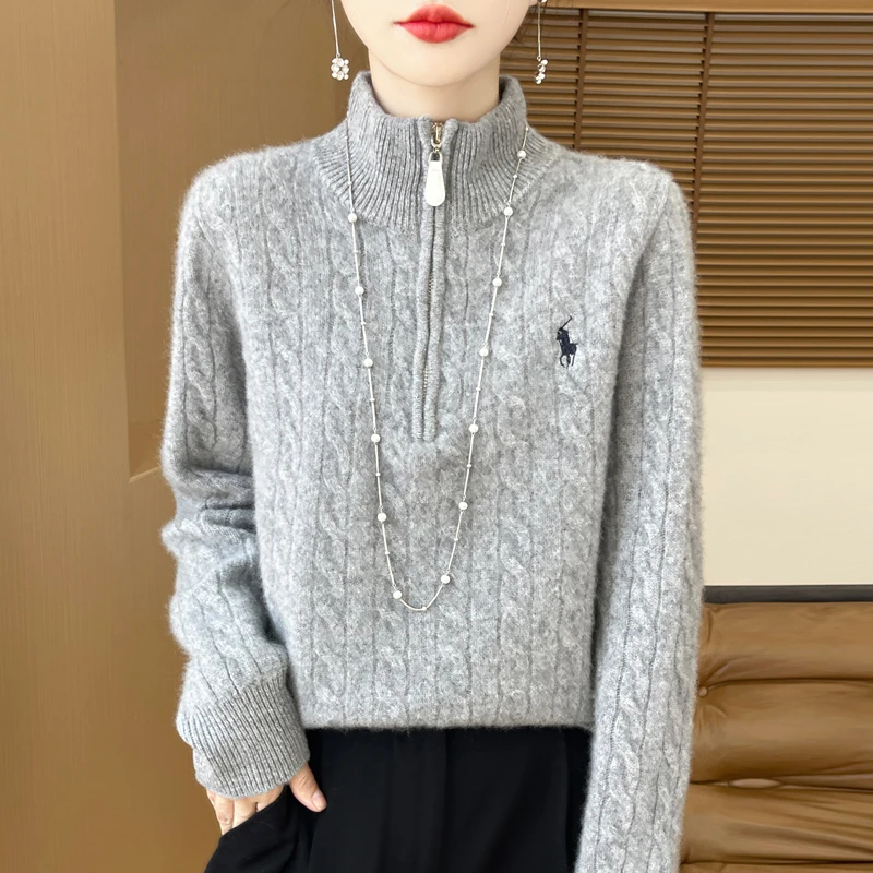100纯羊毛女加厚高领针织衫半拉链麻花纯色毛衣休闲百搭套头上衣