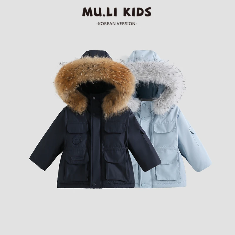 儿童冬季韩版新款大毛领外套加绒夹棉加厚时尚立体口袋派克服-030