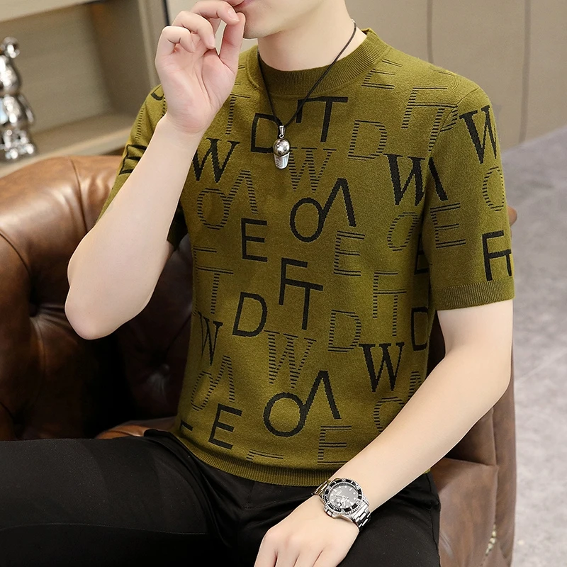 2025秋冬新款高档针织短袖男士半袖内搭毛衣圆领字母潮流百搭男装