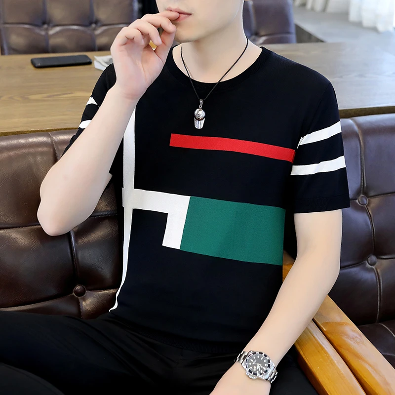 夏季男士时尚撞色冰丝针织帅气男士半袖男款半袖男款秋冬