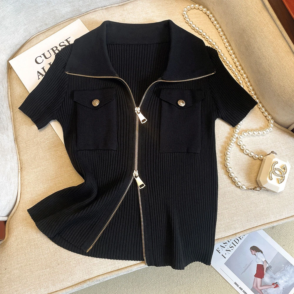 时尚海军领双拉链针织短袖百搭翻领开衫夏季小香风气质显瘦T恤女